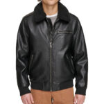 Mens Faux Sherpa Collar Bomber Leather Jacket