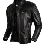 Mens Casual Black Leather Cafe Racer Jacket