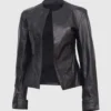 Women Black Collarless Leather Jacket