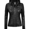 Women Black Detachable Hood Leather Jacket