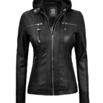 Women Black Detachable Hood Leather Jacket