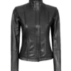 Black Leather Cafe Racer Motorcycle Jacket For Women