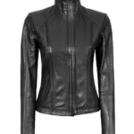 Black Leather Cafe Racer Motorcycle Jacket For Women