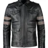 Men Black Leather Brown Stripes Jacket