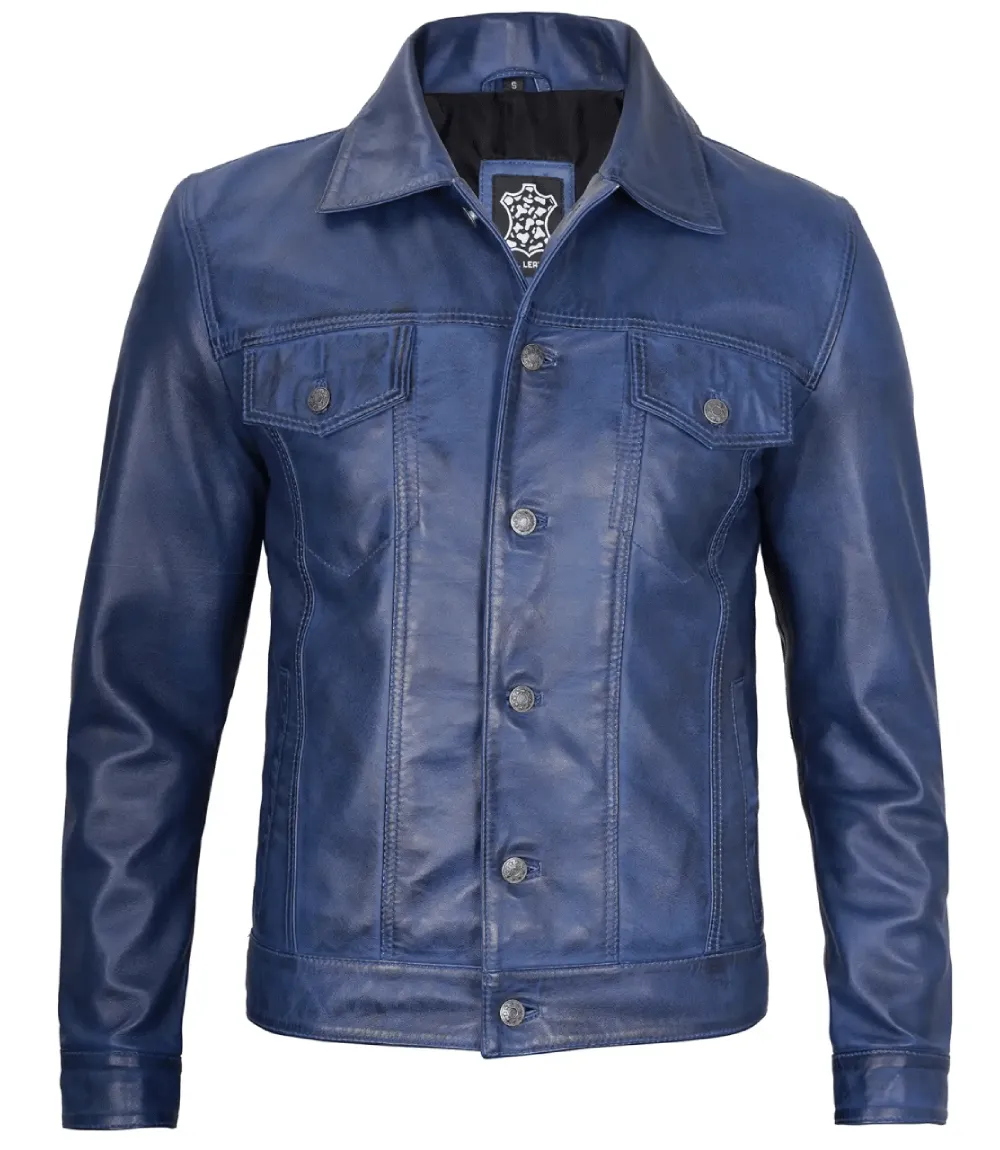 Mens Classic Blue Leather Trucker Jacket