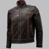 Men Double Stitched Brown Leather Jacket