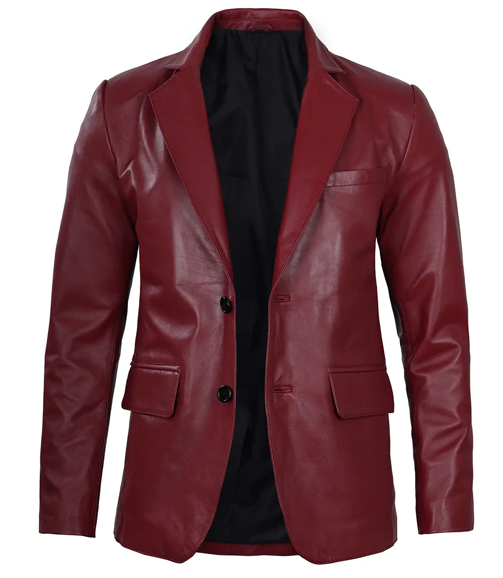 Notch Lapel Maroon Leather Blazer