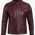 Men Real Lambskin Leather Burgundy Trucker Jacket