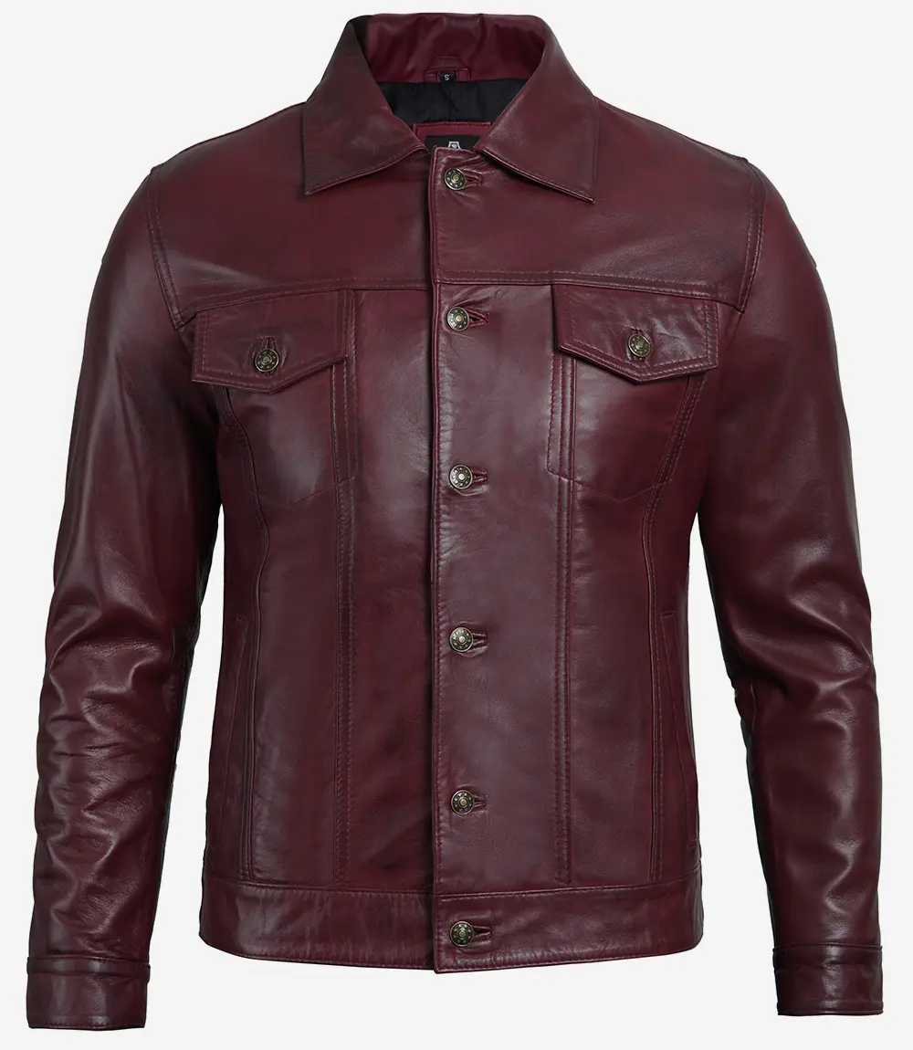 Men Real Lambskin Leather Burgundy Trucker Jacket