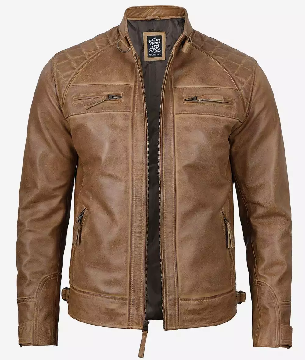 Mens Camel Brown Cafe Racer Jacket Quilted Shoulder