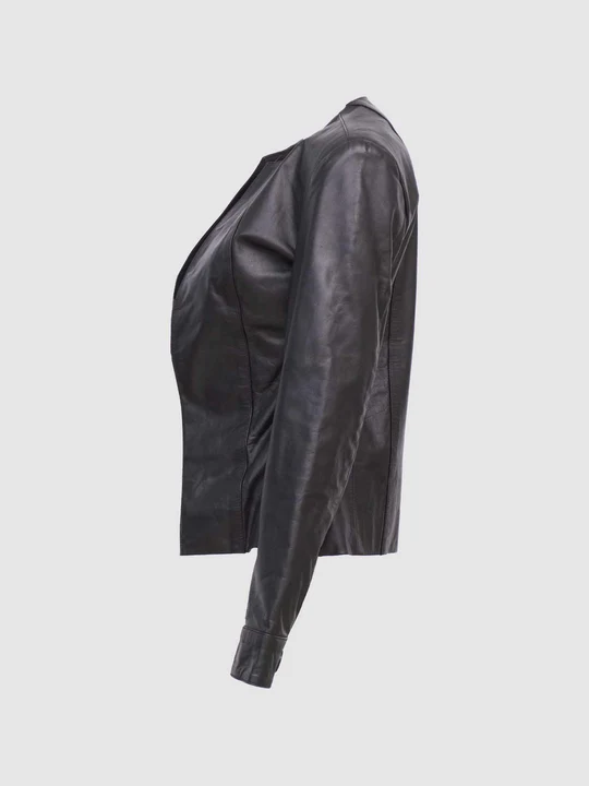 Women Black Collarless Leather Jacket