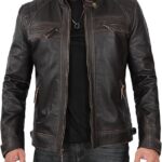 Dark Brown Leather Biker Jacket for Men – Quilted Shoulder Design