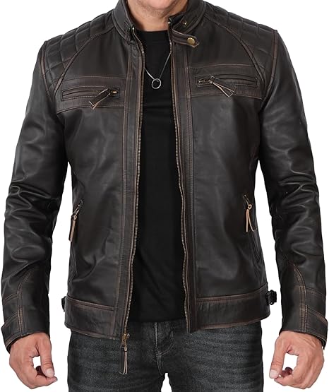 Dark Brown Leather Biker Jacket for Men