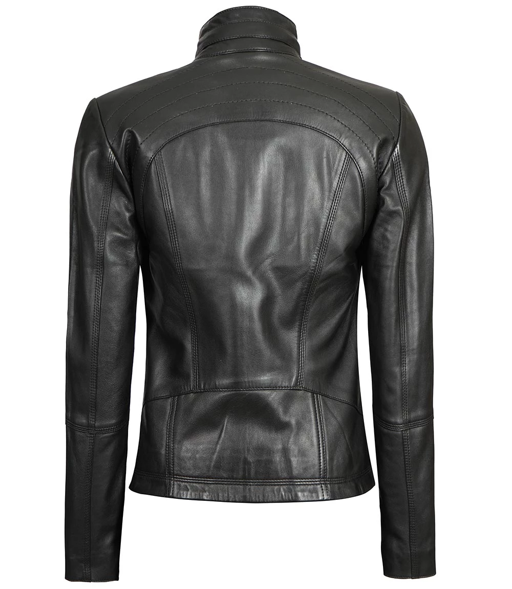Black Leather Cafe Racer Motorcycle Jacket For Women