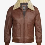 Fur Collar Cognac Leather Bomber Jacket for Men