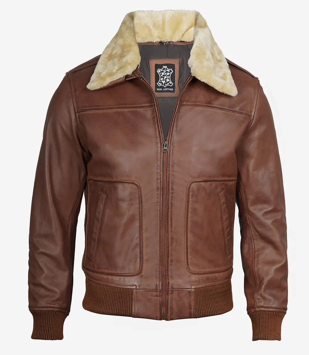 Cognac Leather Bomber Jacket for Men