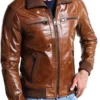 Mens Bomber Shining Brown Leather Jacket