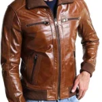 Mens Bomber Shining Brown Leather Jacket
