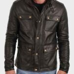 Mens Black Biker Leather Four Pockets Jacket