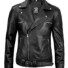 Men Black Leather Moto Asymmetrical Belted Jacket