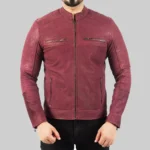 Men’s Burgundy Distressed Leather Biker Jacket