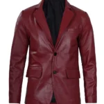 Men's Notch Lapel Maroon Leather Blazer Two Button