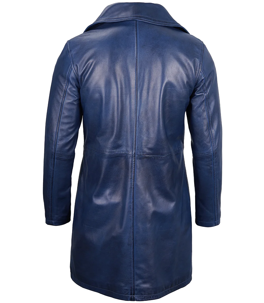 Mens Real Leather Blue Car Coat