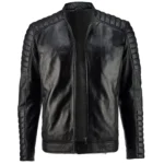 Men Quilted Edge Leather Bomber Jacket