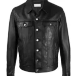 Mens Spy Black Leather Trucker Jacket