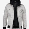 Men Off White And Grey Waxed Leather Jacket With Hood