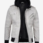 Men Off White And Grey Waxed Leather Jacket With Hood
