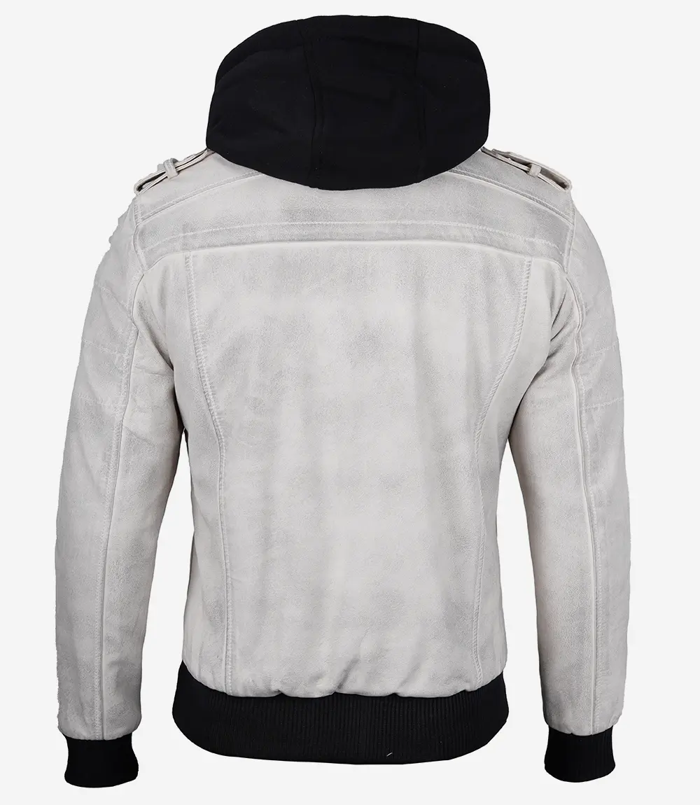 Men Off White And Grey Waxed Leather Jacket With Hood
