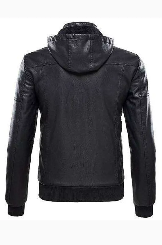 Mens Removable Hood Bomber Leather Jacket
