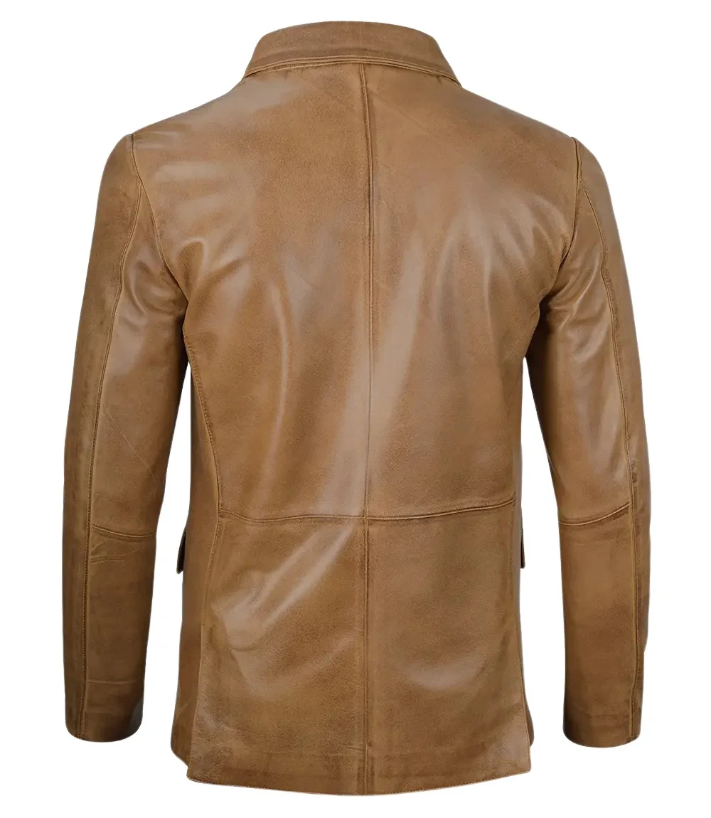 Mens Two Button Camel Brown Leather Blazer