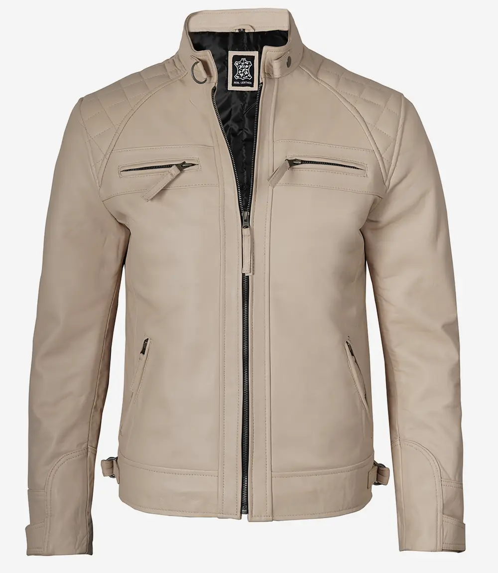Mens Stylish Beige Cafe Racer Leather Jacket