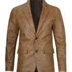 Mens Two Button Camel Brown Leather Blazer