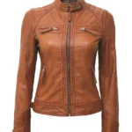 Classic Womens Cafe Racer Tan Leather Jacket