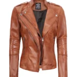 Womens Tan Real Leather Motorcycle Jacket