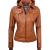 Womens Tan Waxed Bomber Detachable Hood Leather Jacket