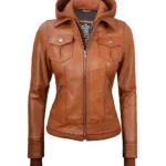 Womens Tan Waxed Bomber Detachable Hood Leather Jacket