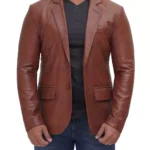 Mens Two Button Tan Leather Blazer Notch Lapel