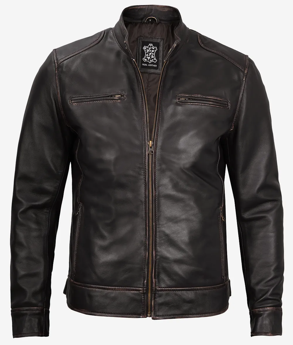 Mens Vintage Brown Leather Cafe Racer Jacket