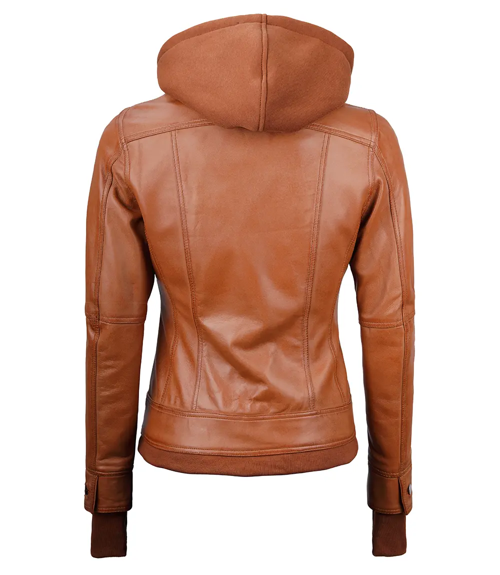 Womens Tan Waxed Bomber Detachable Hood Leather Jacket