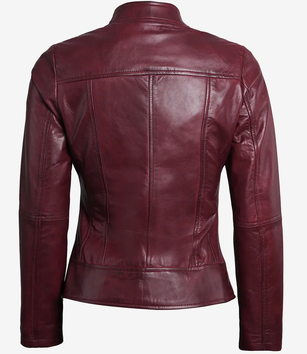 Women Maroon Cafe Racer Leather Jacket