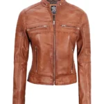 Classic Womens Tan Brown Cafe Racer Jacket