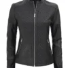 Womens Black Textured Leather Cafe Racer Jacket
