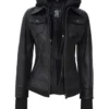 Tralee Black Leather Bomber Jacket With Hood