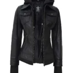 Tralee Black Leather Bomber Jacket With Hood