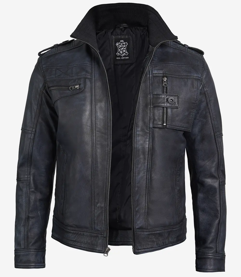 Mens Rugged Black Leather Biker Jacket