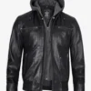 Black Leather Bomber Jacket for Men Detachable Hood